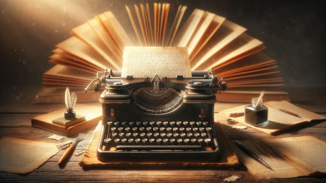 Narrative and Storytelling Techniques article featured image features the digital art piece for your WordPress featured image, themed around narrative and storytelling techniques. The image features elements like a vintage typewriter, an open book, and writing tools, all set in a warm and inviting atmosphere.